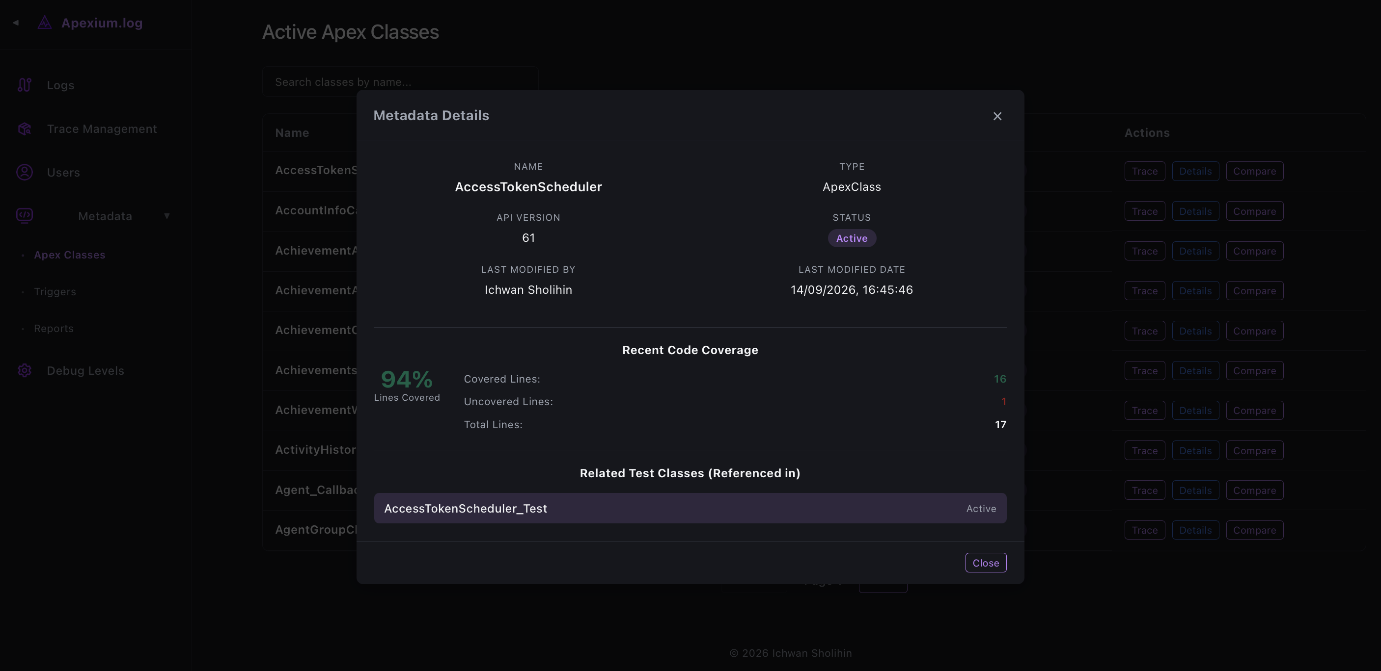 apexium-log screenshot — Metadata Class