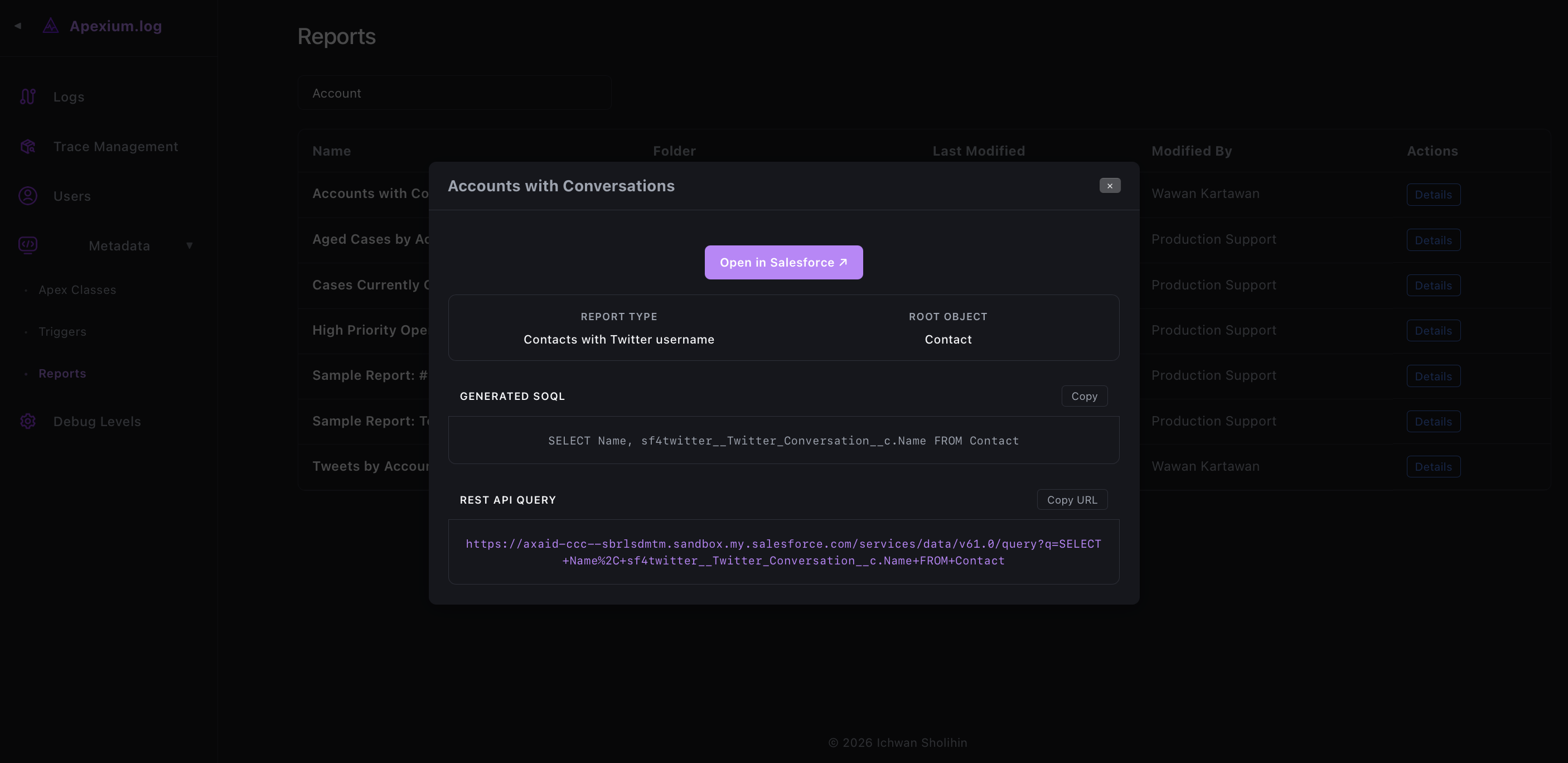 apexium-log screenshot — SOQL Reports