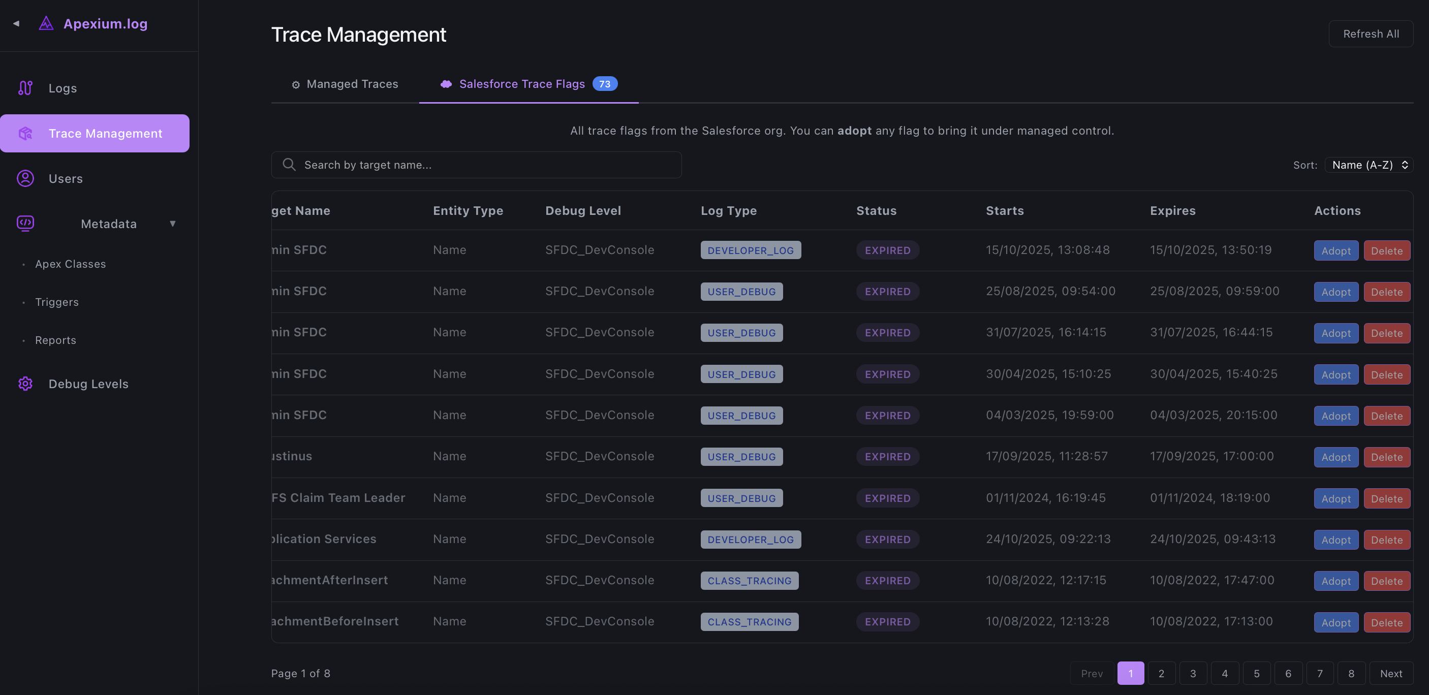 apexium-log screenshot — Trace Job · Manager