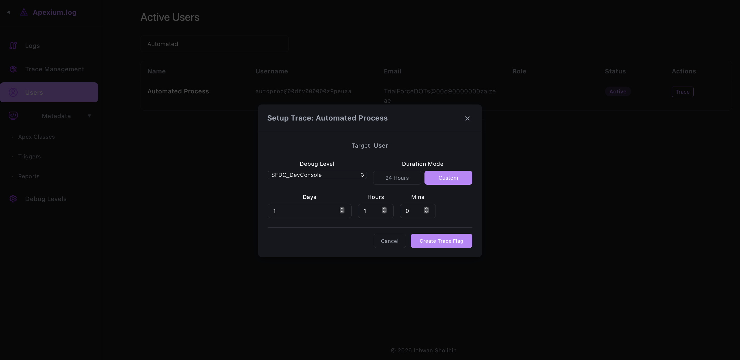 apexium-log screenshot — Trace Job · User